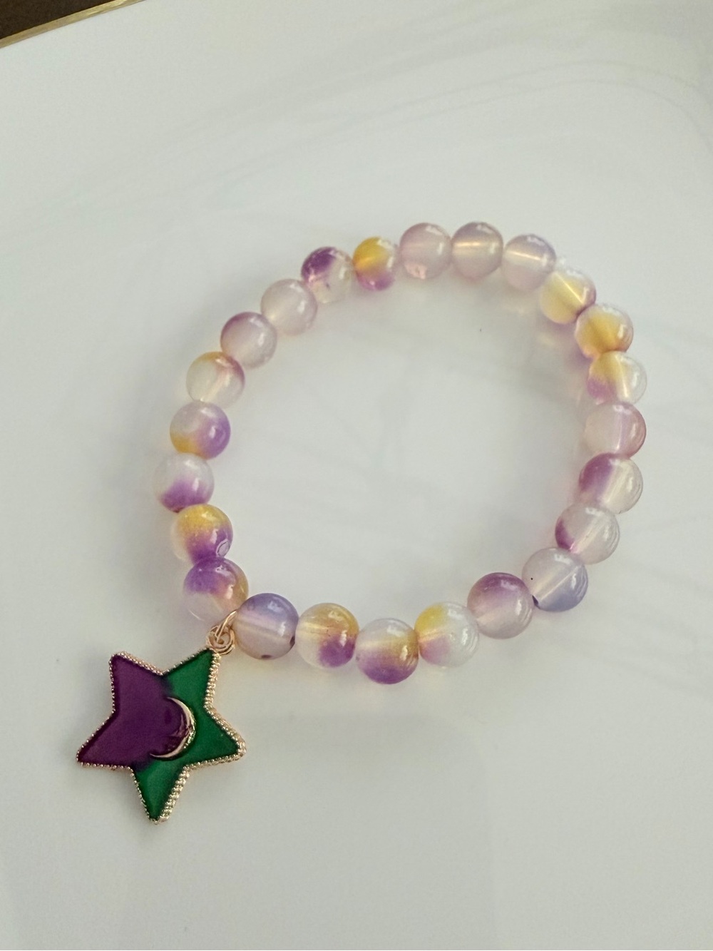 Beaded Bracelet with Green-Purple Star Charm